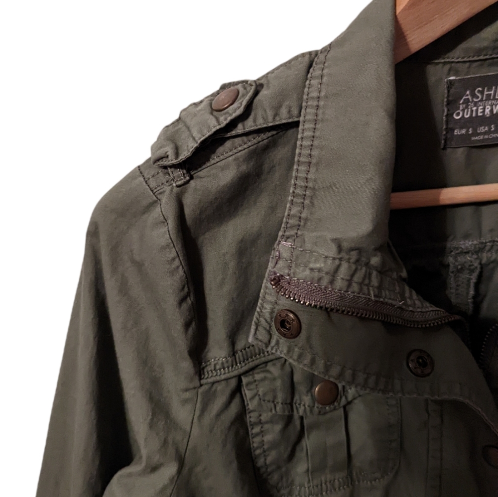 Ashley International Military Cotton Olive Zip Pull Tab Elastic Utility Jacket - Picture 6 of 15